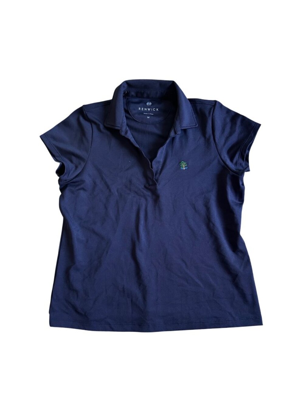 Renwick Women's Sz Medium Navy Blue Polo Shirt Cotton Blend Green Tree Logo